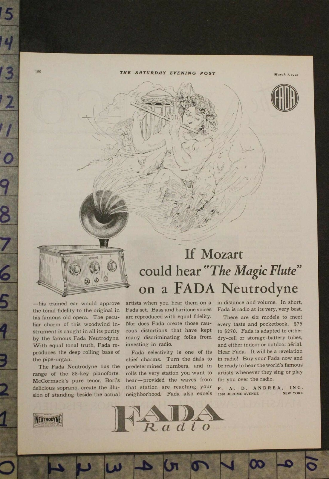 1925 FADA NEUTRODYNE RADIO MOZART MUSIC FLUTE MAGIC ANDREA HOME DECOR AD [[SKU]