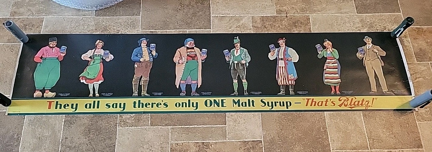 (VTG) 1930s Blatz Beer Malt Syrup Can Advertising Sign People