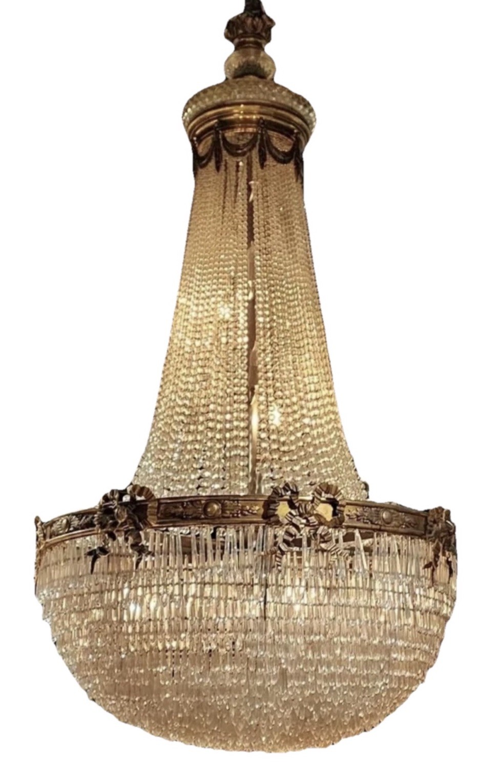 Antique Vintage Bronze French Crystal Beaded Basket Chandelier Ballroom 38” HUGE