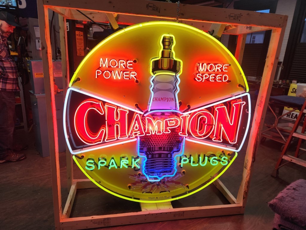 New Champion Spark Plugs Single-Sided Porcelain Neon Sign 60 IN Diameter New Champion Spark Plugs Single-Sided Porcelain Neon Sign 60 IN Diameter