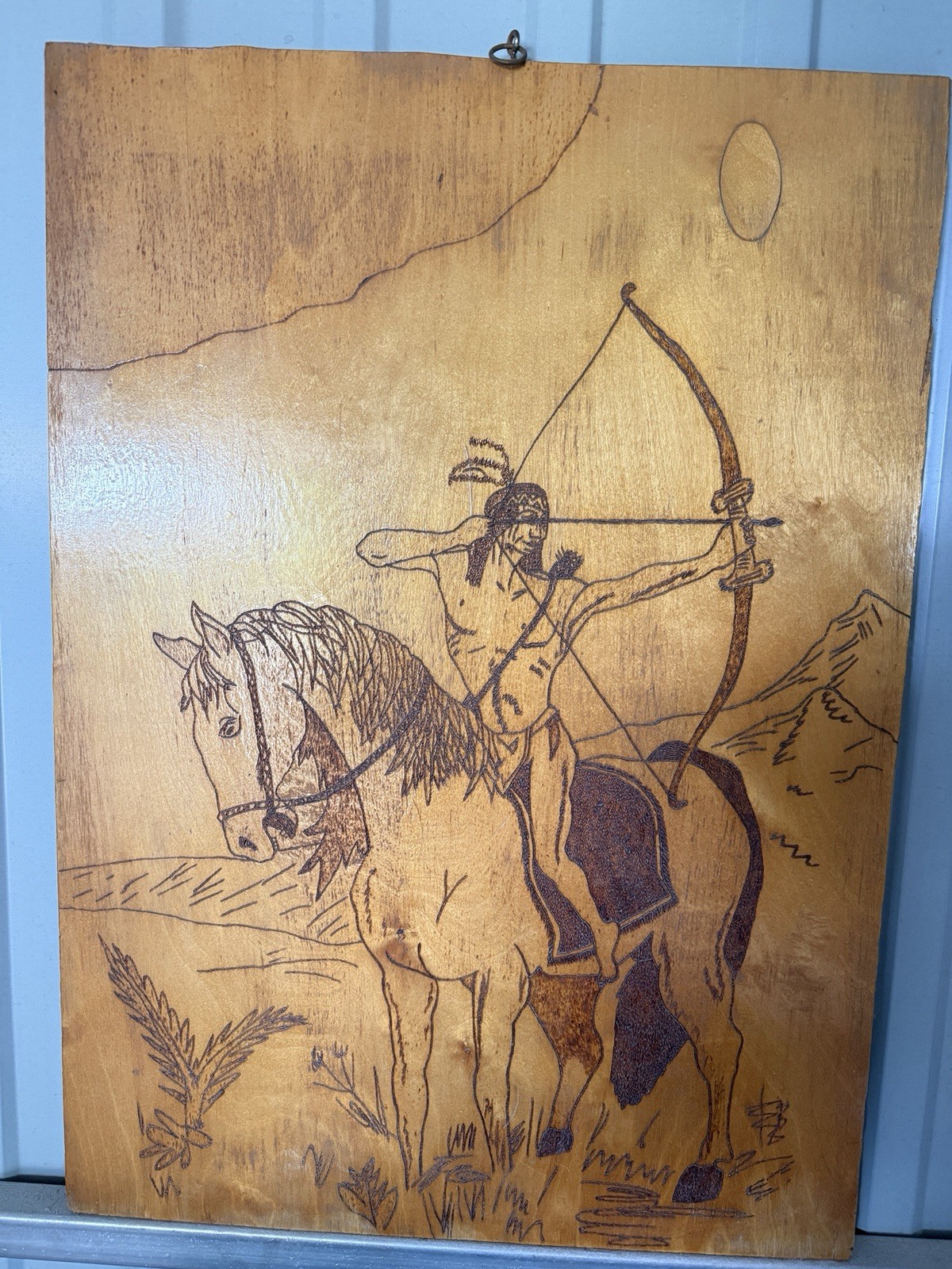RARE 1/1 Native American Archer Wood Burning Art Pyrography Vintage Plaque 27x19