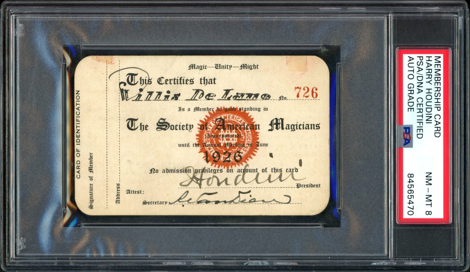 1926 HARRY HOUDINI SIGNED MEMBERSHIP CARD NM-MT PSA 8 w/ AUTO INCREDIBLE