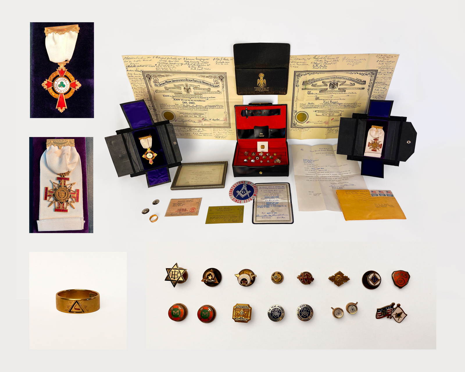 Incredible Freemason Lot - Antique Masonic 32 & 33 Degree 14K Jewels, Pins, Ring Incredible Freemason Lot - Antique Masonic 32 & 33 Degree 14K Jewels, Pins, Ring