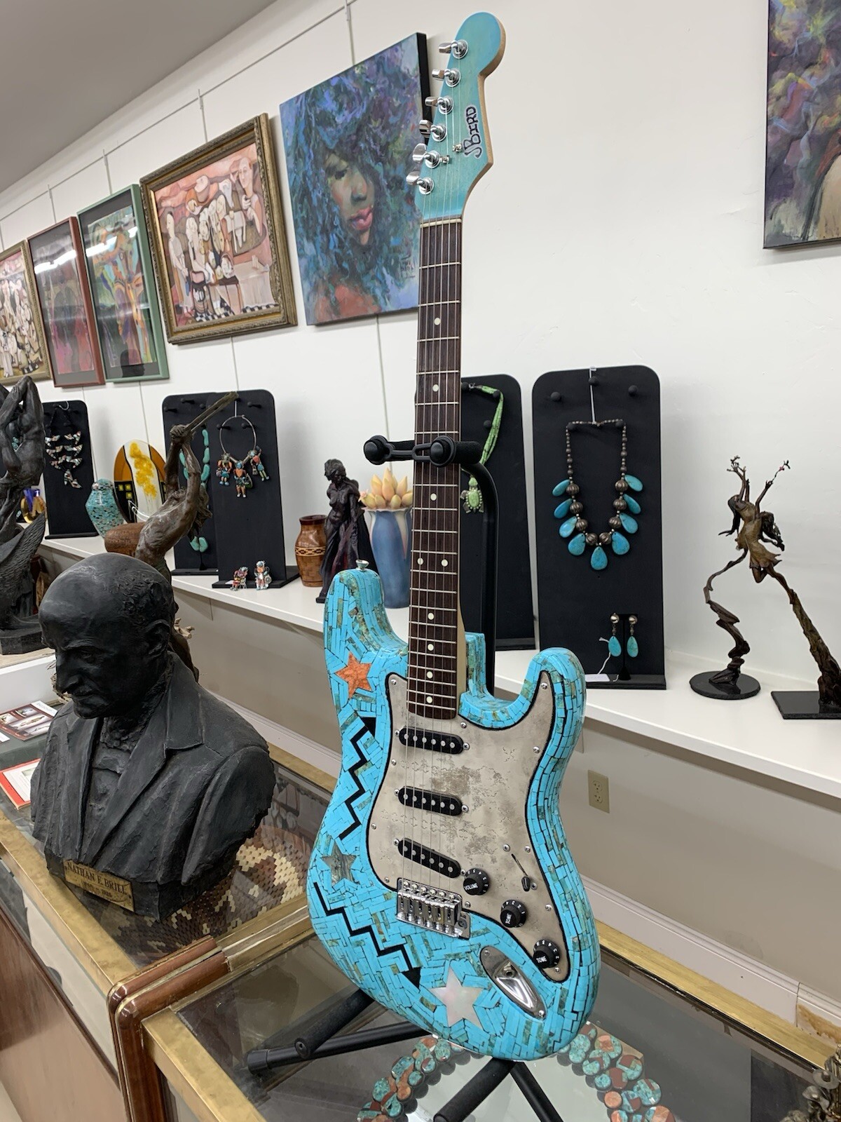 Guitar Covered With Turquoise Inlay By Native Artist Jolene Bird Guitar Covered With Turquoise Inlay By Native Artist Jolene Bird