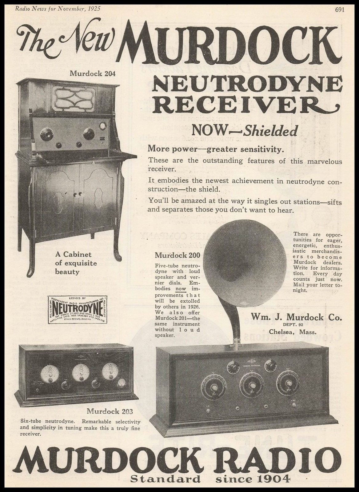 1925 William J. Murdock Chelsea Massachusetts Neutrodyne Radio Receiver Print Ad 1925 William J. Murdock Chelsea Massachusetts Neutrodyne Radio Receiver Print Ad