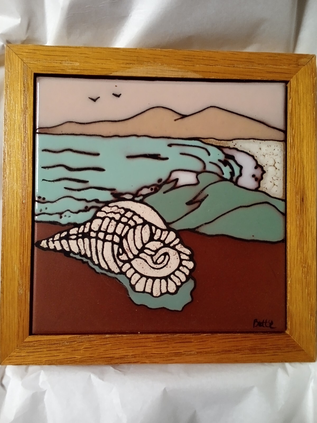 Terra Cotta Art Tile Signed By Artist Bette Southwestern  Beach Scene w/ Shell