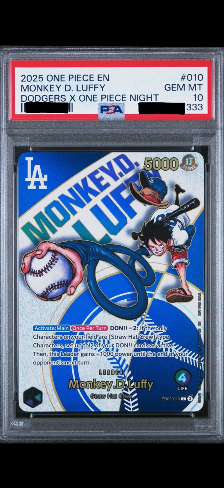 OnePiece & LA Dodgers Collab July 3rd Promo Monkey.D.Luffy EB02-010 333 Luffy