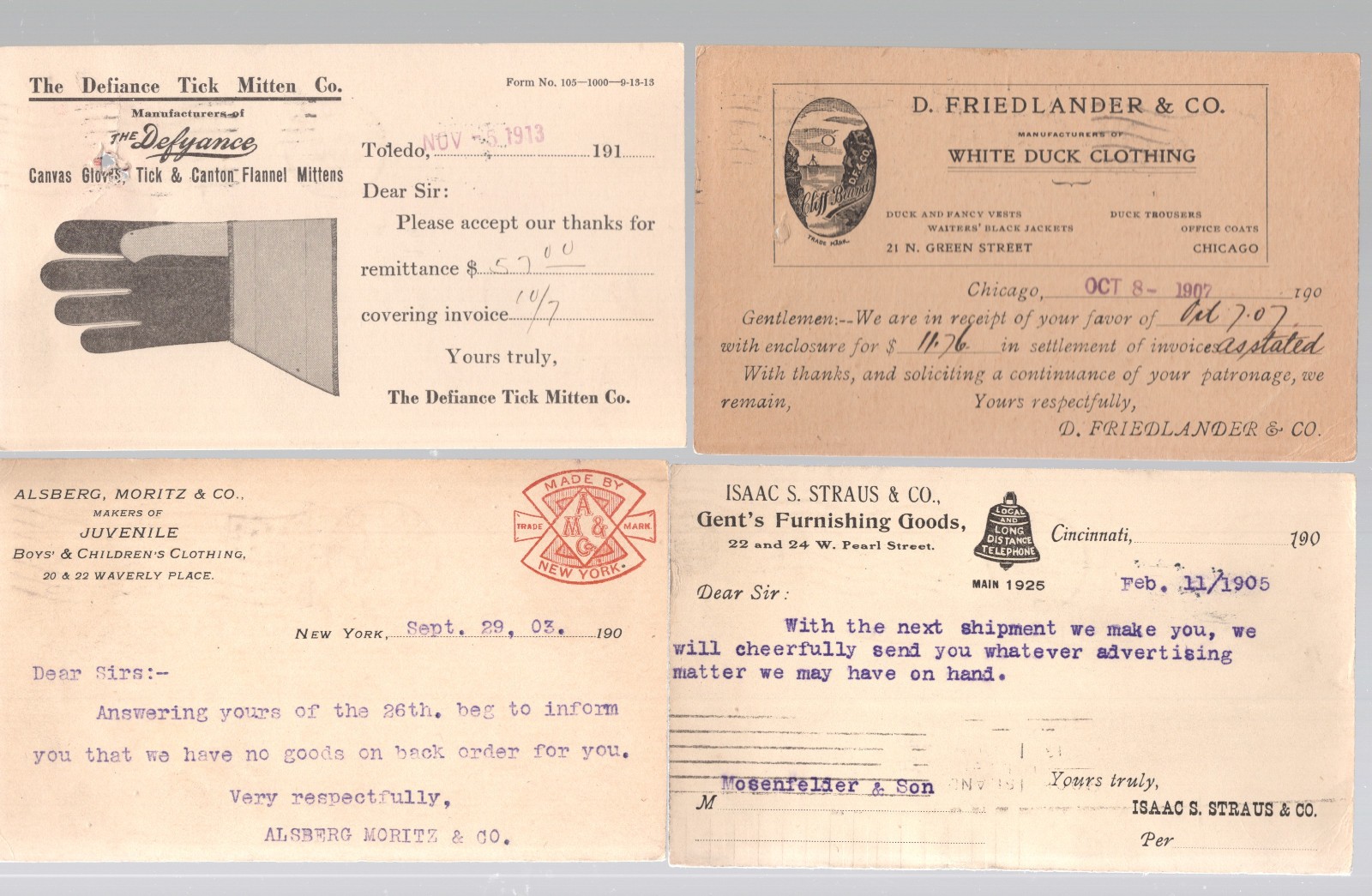 (4 diff.) 1903/1913 ADV~RECEIPT OLD POSTCARDS, ALL TO ROCK ISLAND ILL Co K441 (4 diff.) 1903/1913 ADV~RECEIPT OLD POSTCARDS, ALL TO ROCK ISLAND ILL Co K441