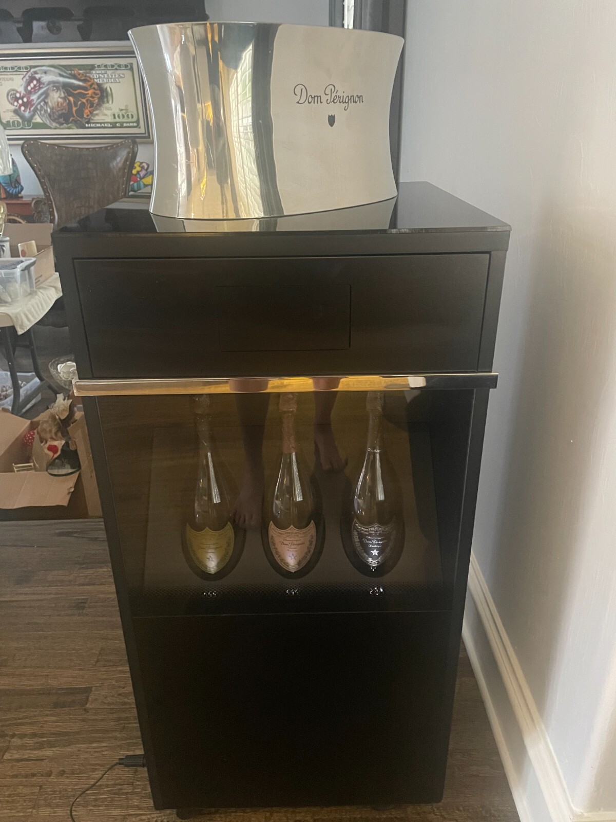 Dom Perignon LED lit Display Case with Pewter Double Magnum Ice Bucket w/ 2 Draw Dom Perignon LED lit Display Case with Pewter Double Magnum Ice Bucket w/ 2 Draw