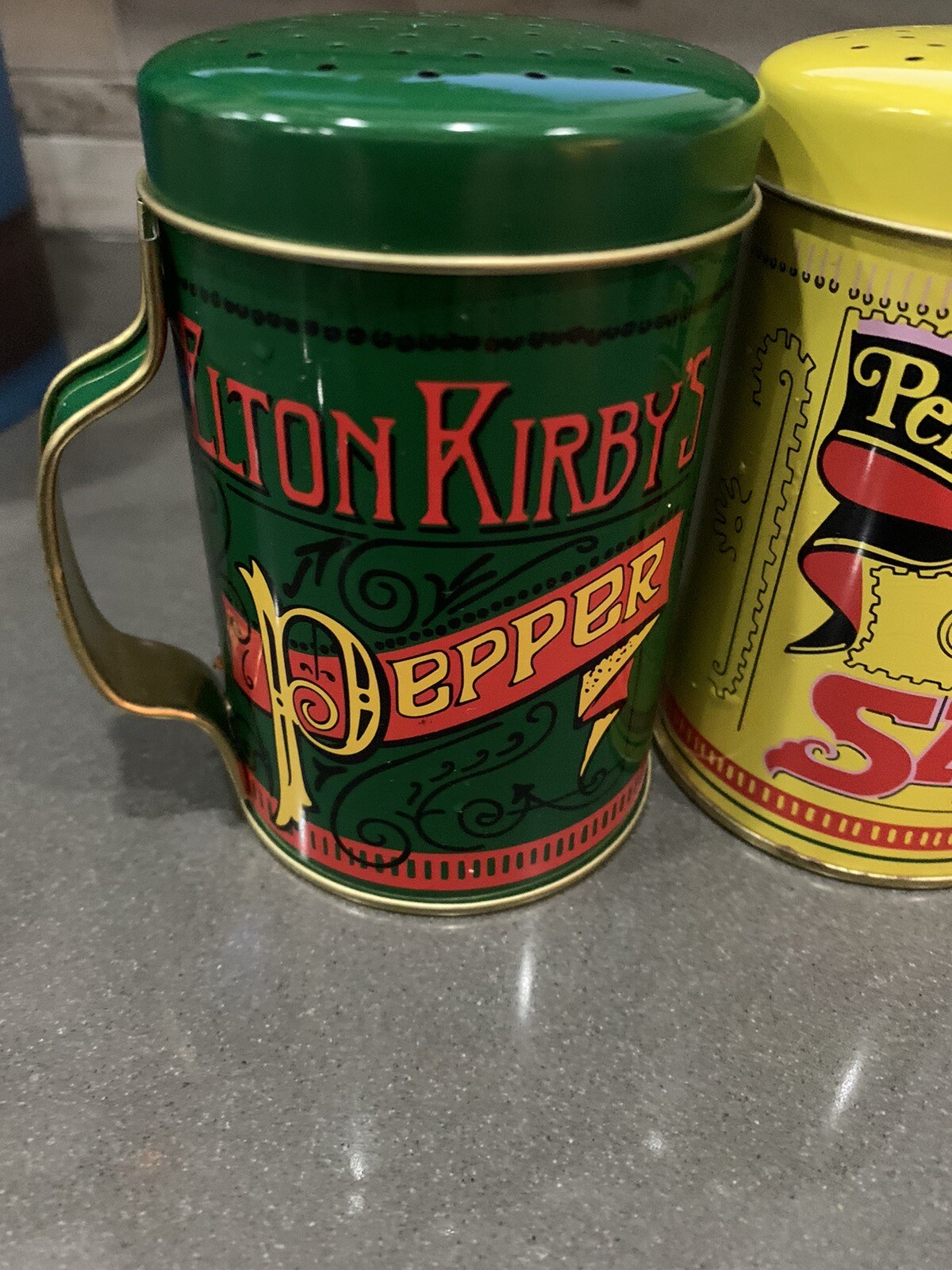 Tin Percival Duffin's Elton Kirby's Salt Pepper Shakers vtg mcm atomic storage Tin Percival Duffin's Elton Kirby's Salt Pepper Shakers vtg mcm atomic storage