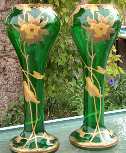 ANTIQUE ART PAIR GLASS VASE SIGNED FRITZ HECKERT C.1890 BOHEMIAN LOETZ ERA ANTIQUE ART PAIR GLASS VASE SIGNED FRITZ HECKERT C.1890 BOHEMIAN LOETZ ERA