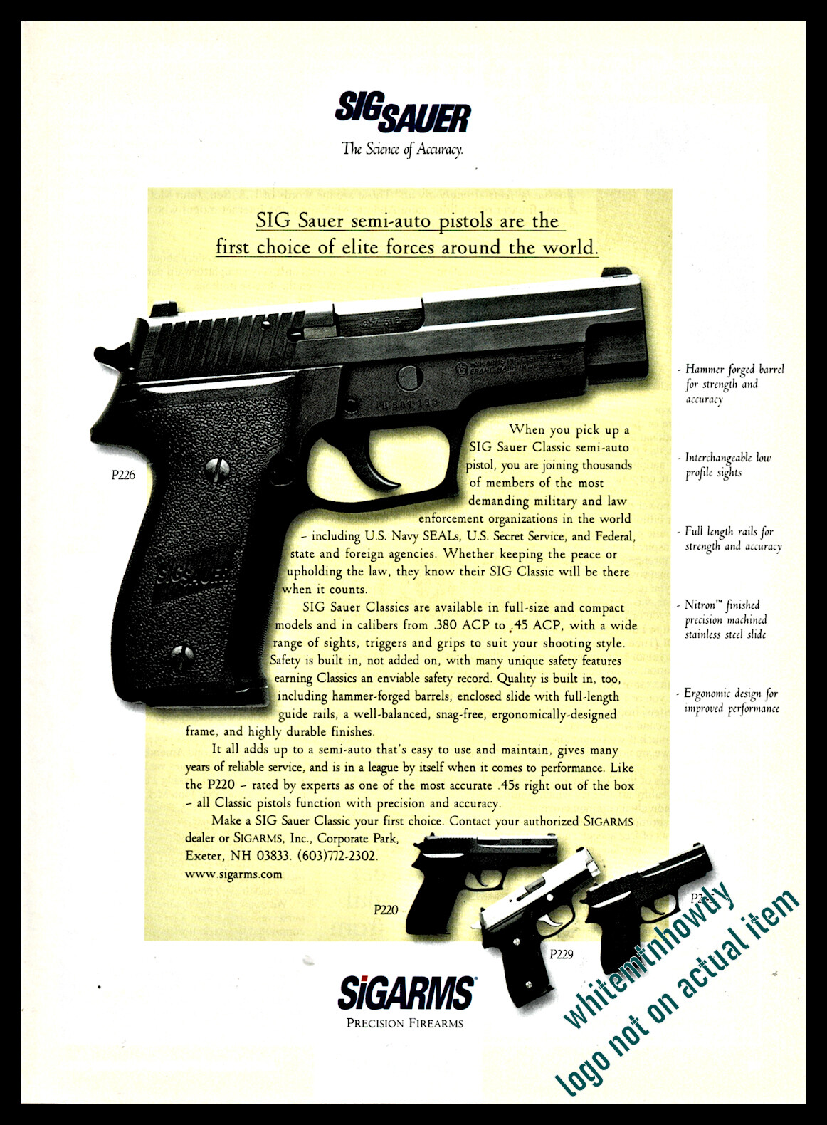 2001 SIG SAUER P226 Pistol Original PRINT AD shown w/ P220 P229 and P245