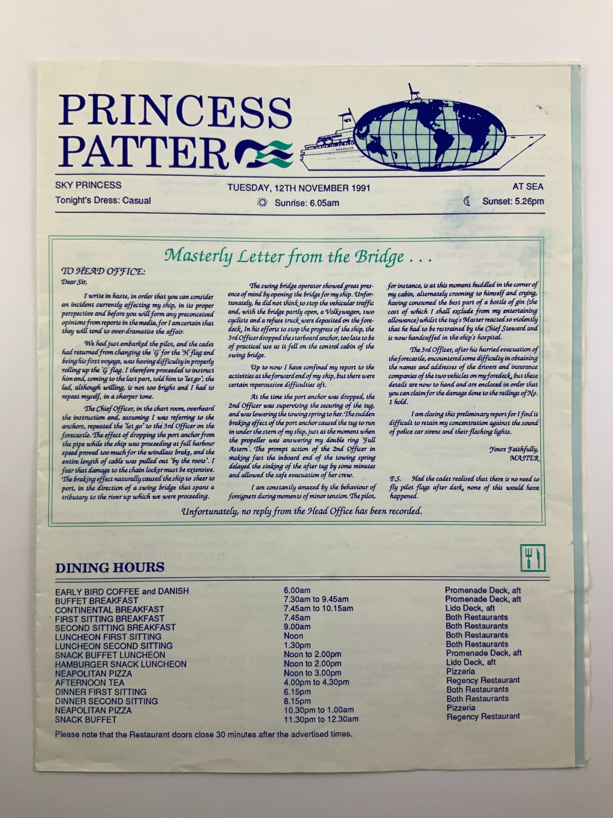 Princess Patter Sky Princess 1991 At Sea Travel Itinerary Activities KK401 Princess Patter Sky Princess 1991 At Sea Travel Itinerary Activities KK401