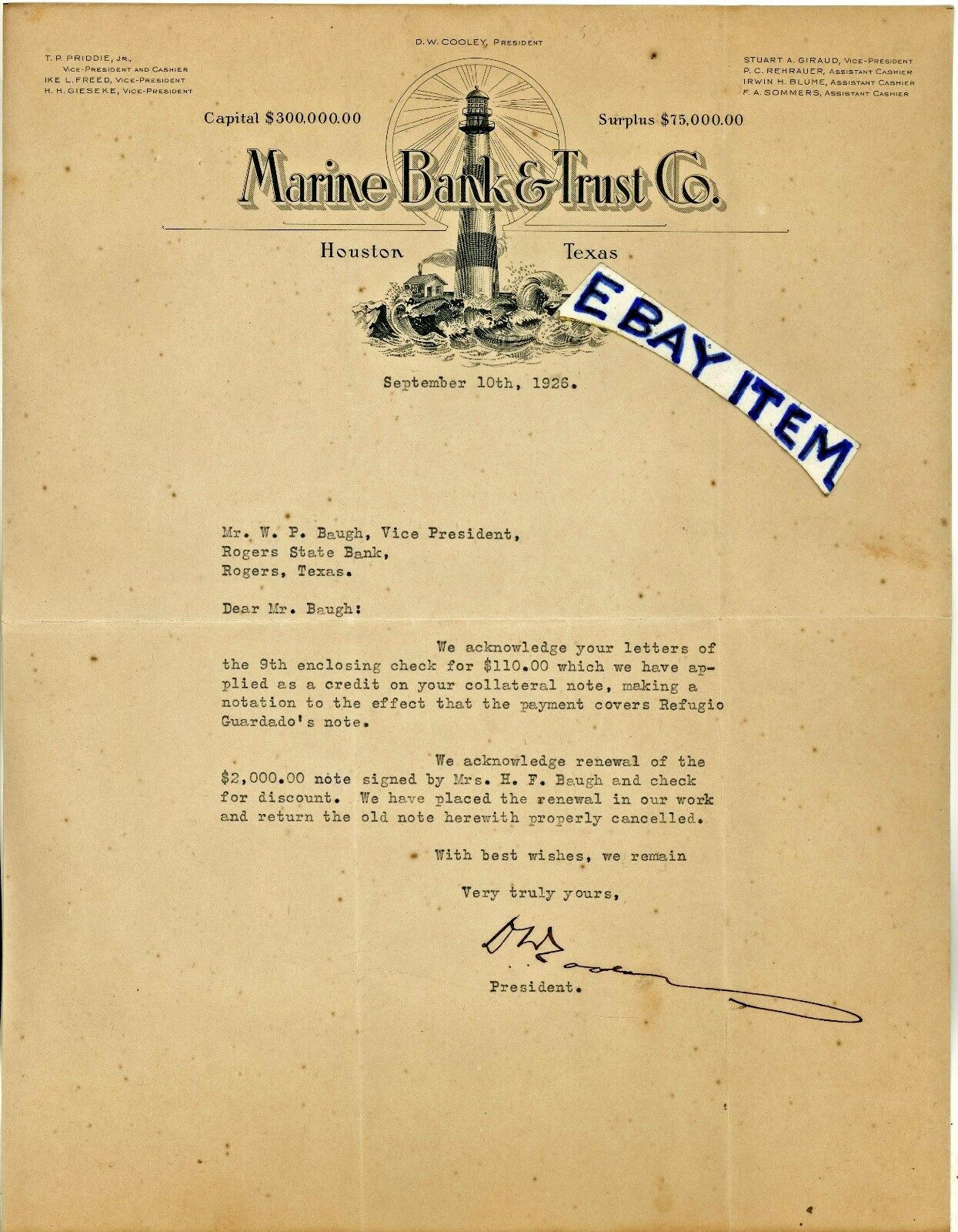 1926 MARINE BANK & TRUST Houston Texas COOLEY Priddie FREED Gieseke GIRAUD Blume