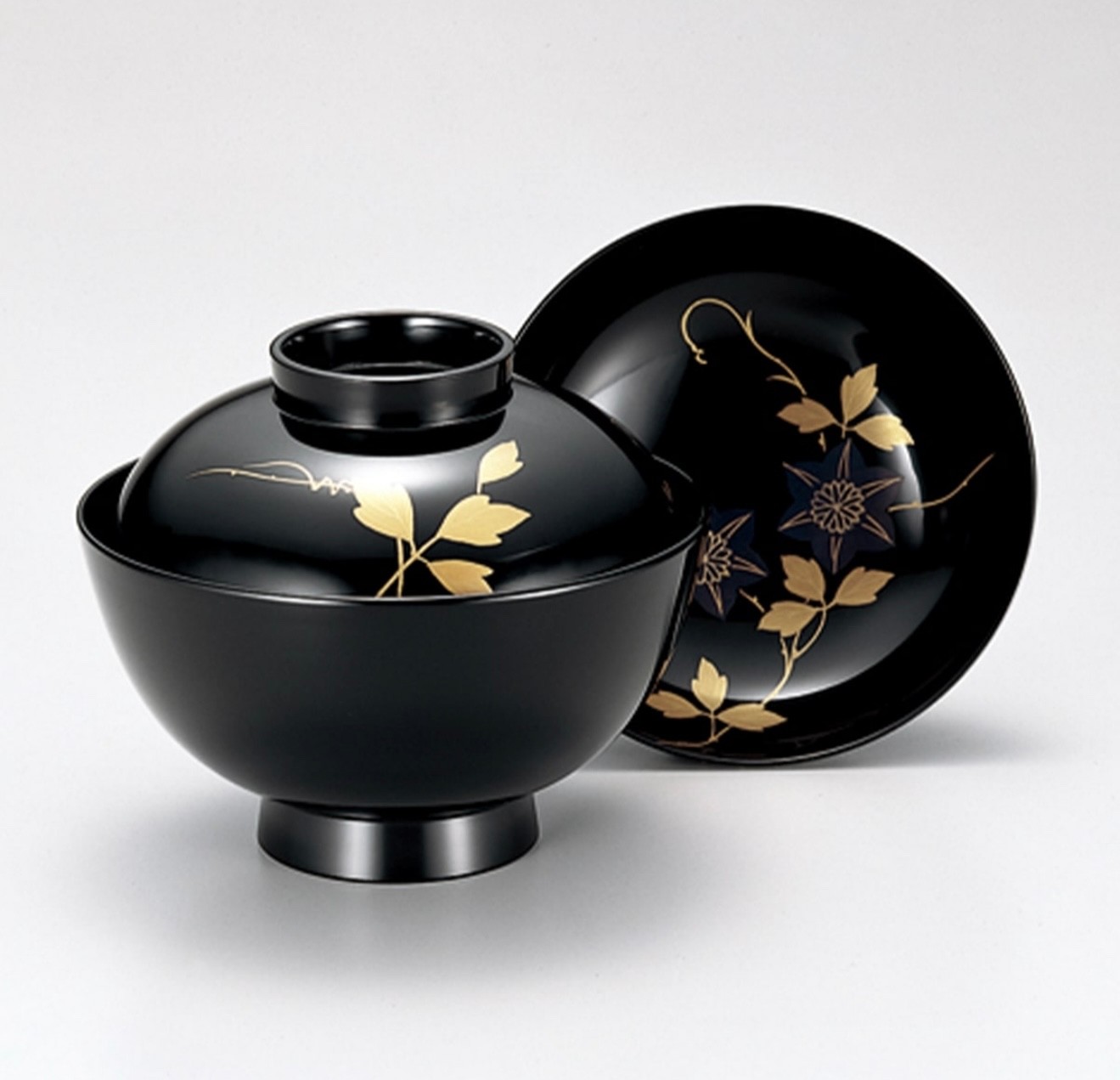Echizen lacquerware soup bowls (5 pieces) in a wooden box, hand-painted with mak