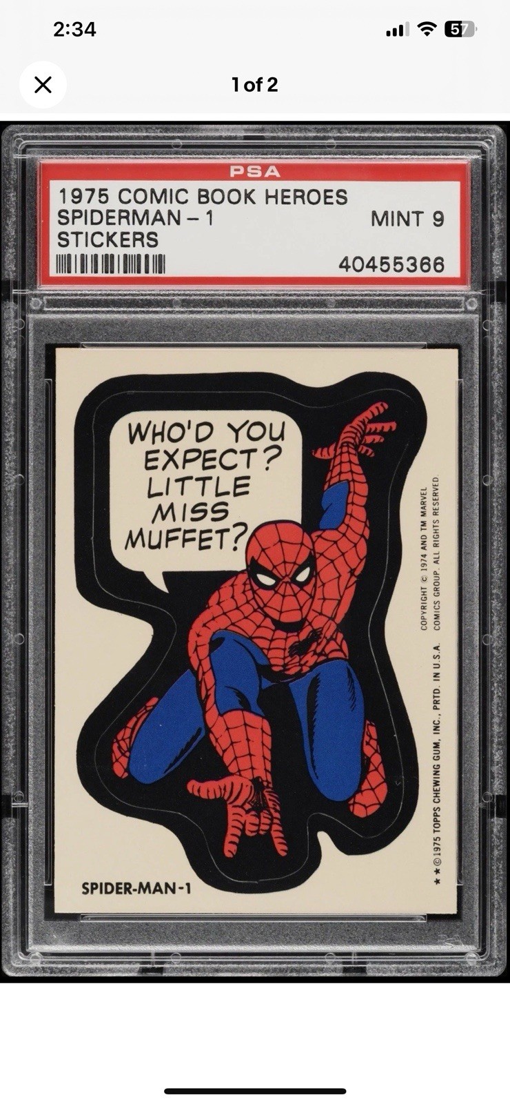 Spiderman 1 Topps 1975 Marvel Comic Book Heroes 1st Edition Sticker Psa 9 POP 42 Spiderman 1 Topps 1975 Marvel Comic Book Heroes 1st Edition Sticker Psa 9 POP 42