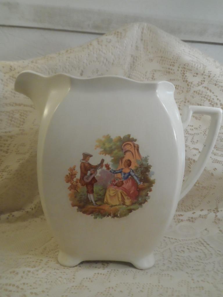 Vntg~Antq LG.H-Painted Porcelain Square Victorian Couple Vanity Ewer Jug Pitcher Vntg~Antq LG.H-Painted Porcelain Square Victorian Couple Vanity Ewer Jug Pitcher