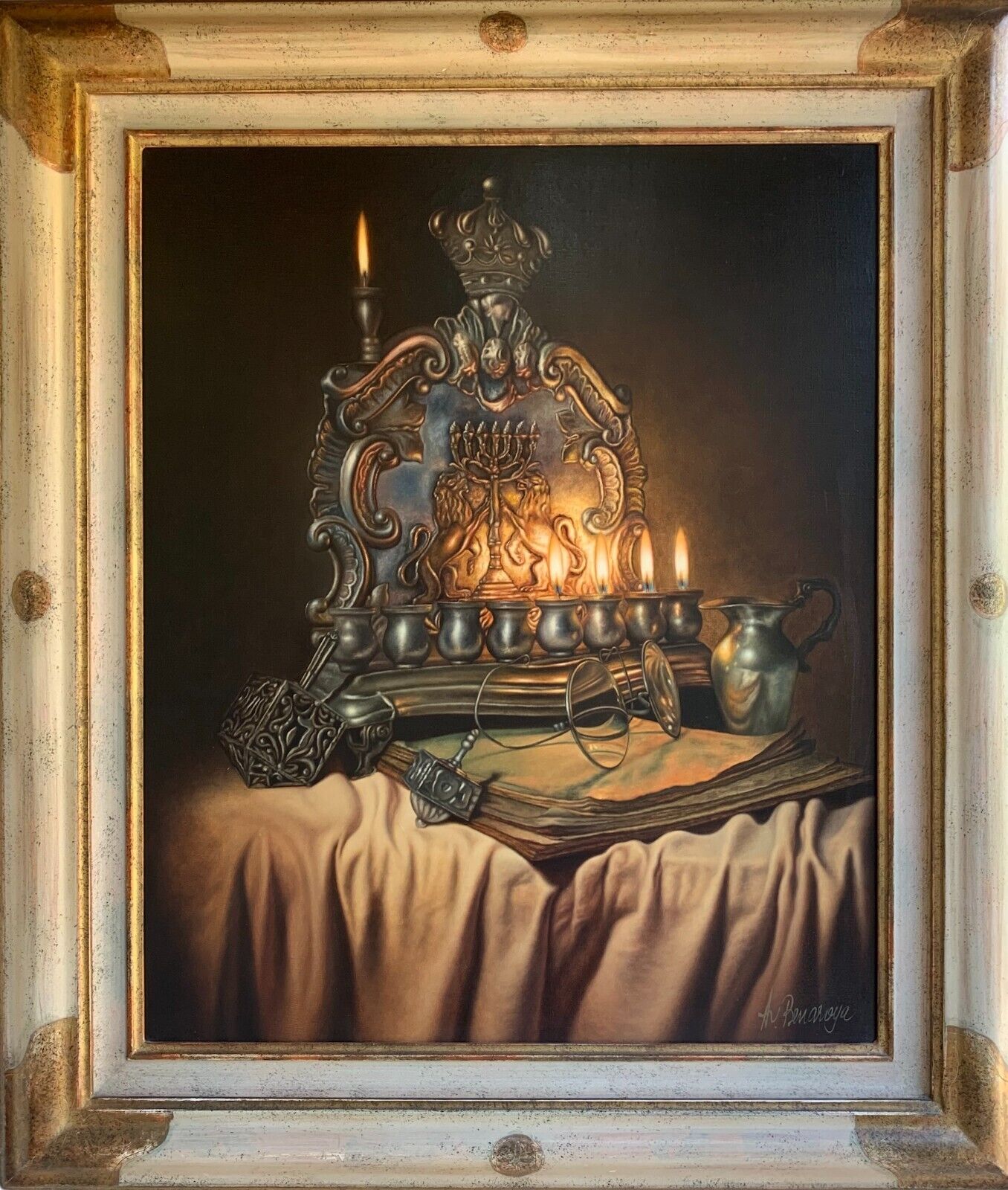ALBERT BENAROYA Chanukiah Chanukah Oil Painting Jewish Judaica Lamp Menorah Rare