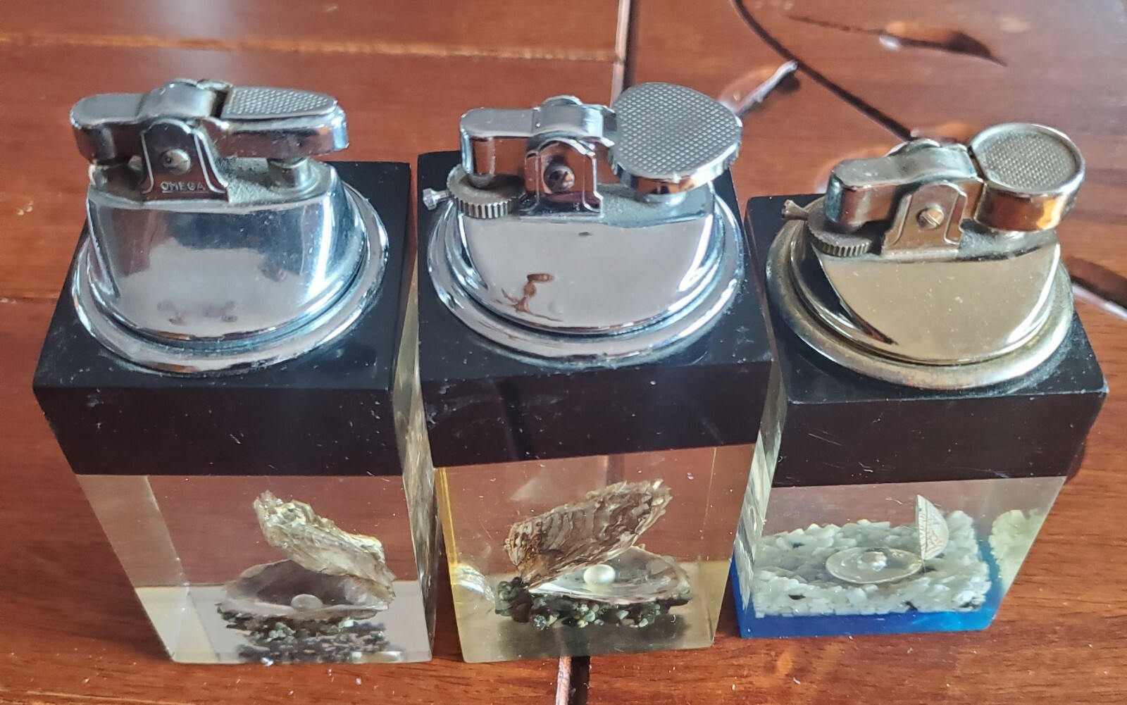 OMEGA 3 LUCITE LOT MOTHER PEARL ALL 3 SPARKING 2 WORKING SUPERB VINTAGE LIGHTER