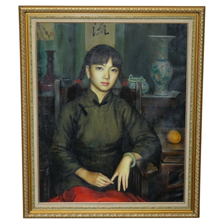 ZHANG YIZHI LARGE 117 X 98CM OIL ON CANVAS PAINTED PORTRAIT OF A SEATED LADY