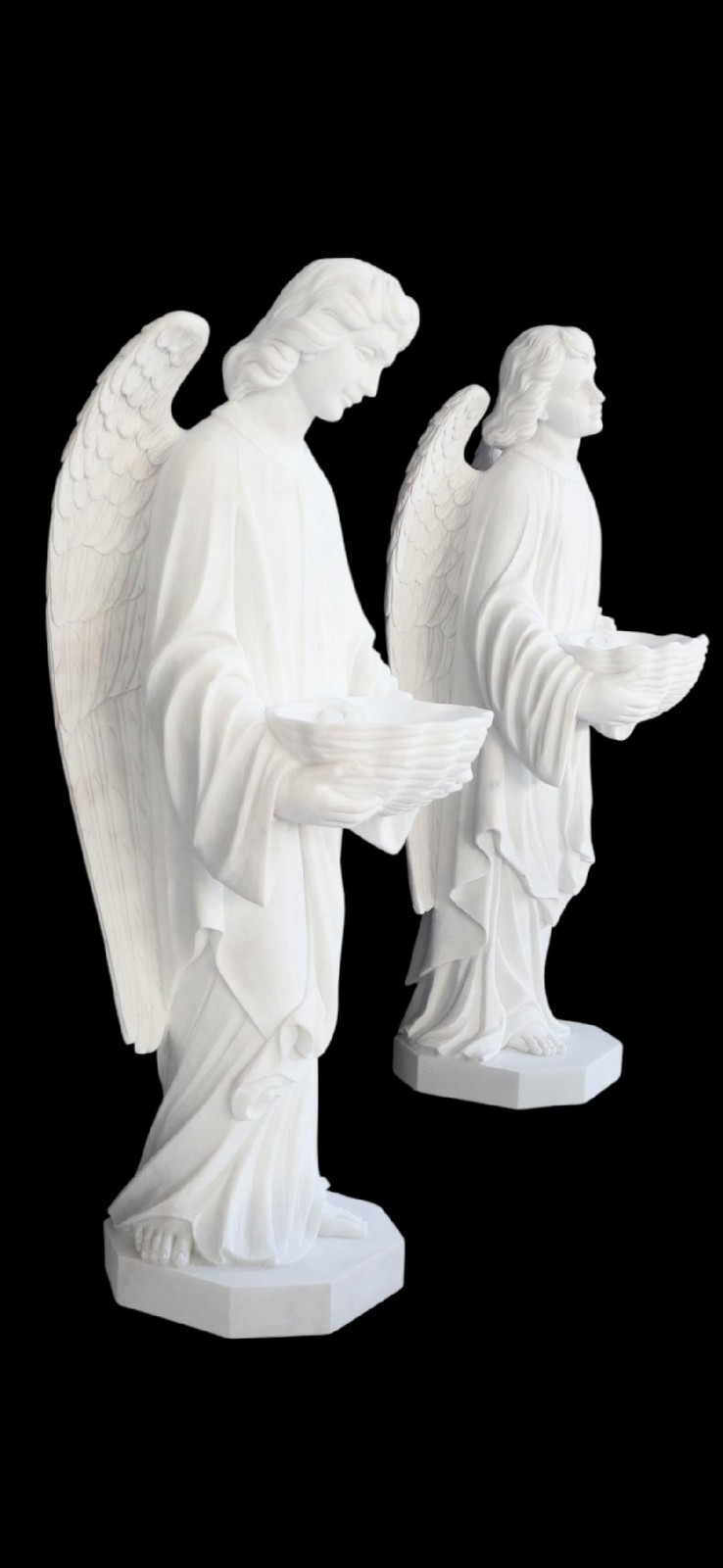 + Pair of White Marble Angel Holy Water Font Statues, 48