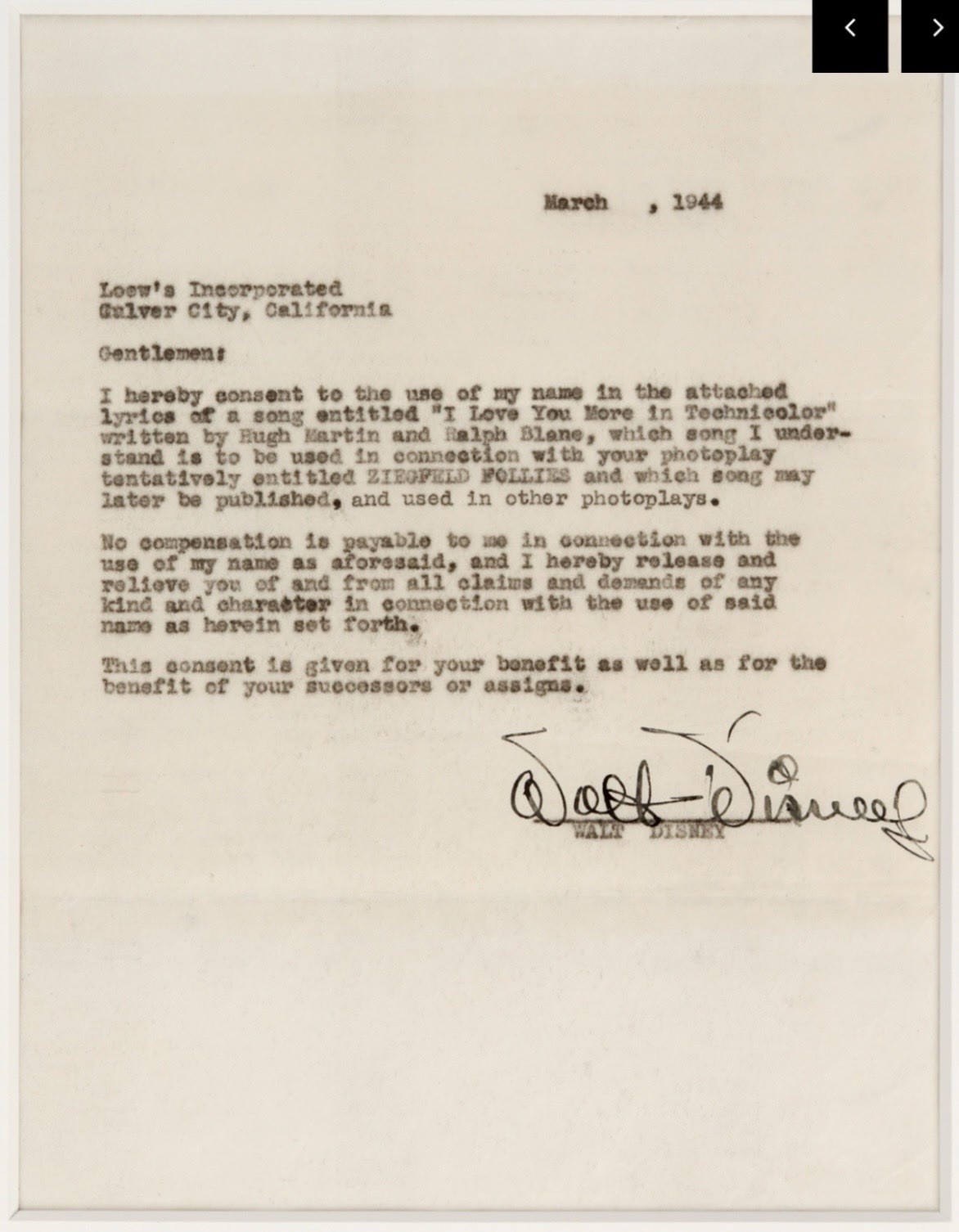 Walt Disney March 1944 Signed Document Ziegfield Follies Beckett Autograph COA