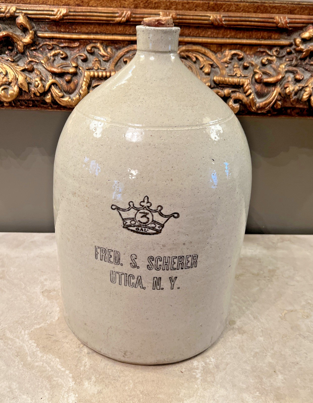 ATQ. PRE PROHIBITION 1903-1909 FRED & SCHERER 3 GALLON STONEWARE JUG UTICA N.Y.