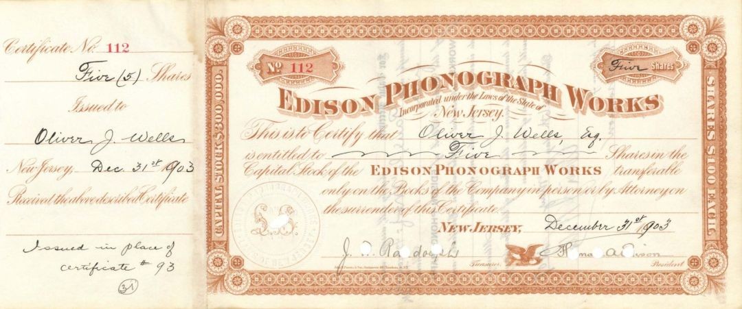 Edison Phonograph Works signed by Thomas A. Edison - 1903, 1904 or 1907 dated