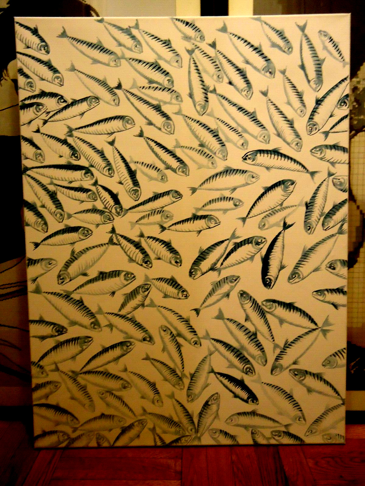 FOSSIL FISH MASS MORTALITY 30'' X 40'' POP ART WATER COLOR PAINTING ON CANVAS FOSSIL FISH MASS MORTALITY 30'' X 40'' POP ART WATER COLOR PAINTING ON CANVAS