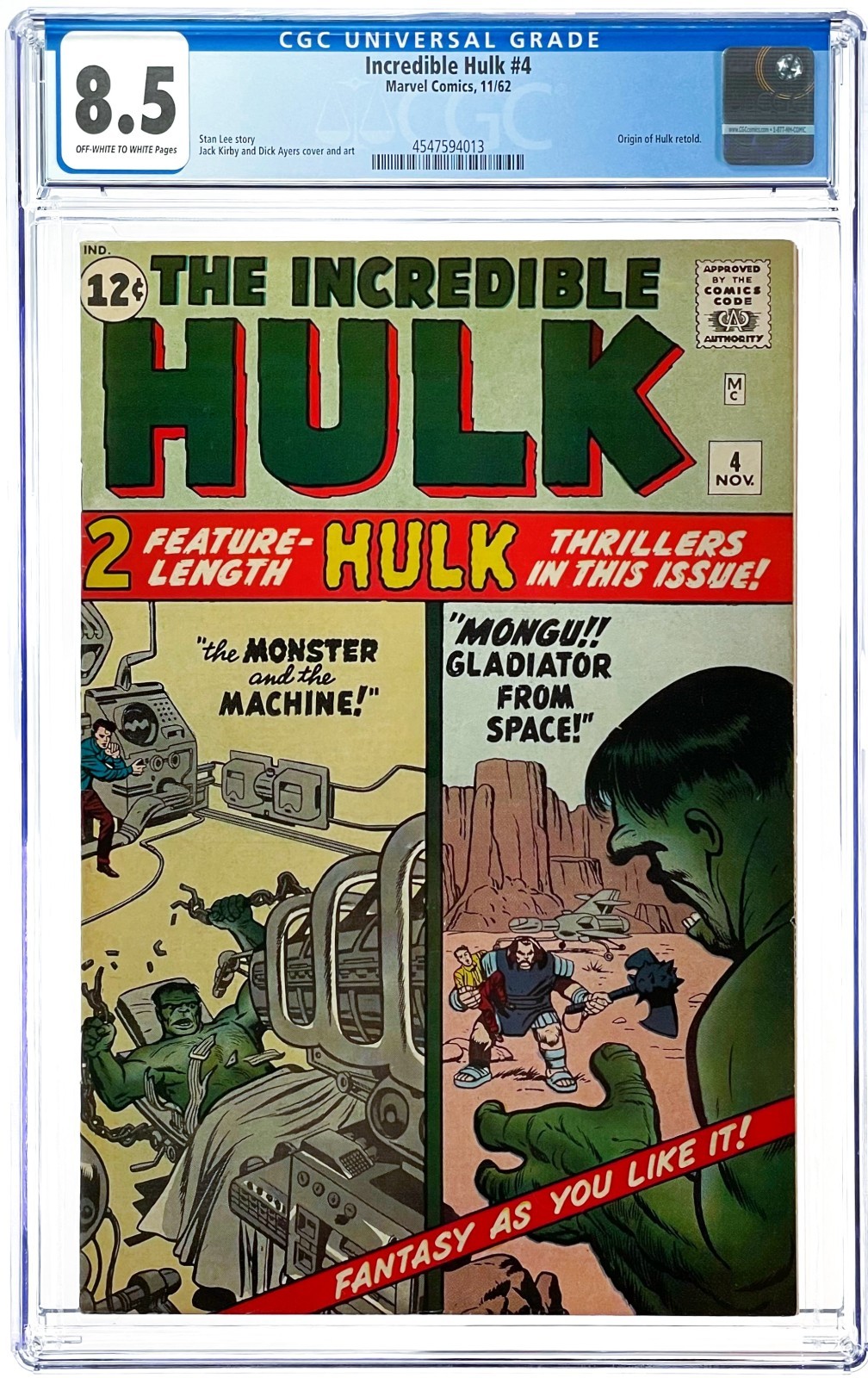 Incredible Hulk 4 CGC 8.5 (1962 Marvel Comics) Origin Hulk Rare High Grade OWW Incredible Hulk 4 CGC 8.5 (1962 Marvel Comics) Origin Hulk Rare High Grade OWW
