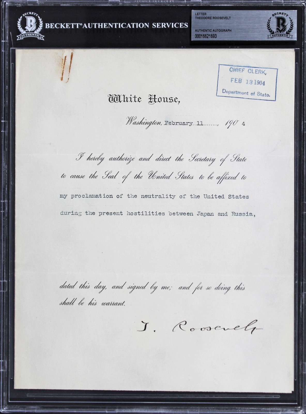Theodore Roosevelt Signed 8x10 1904 Letter On Official WH Letterhead BAS Slabbed Theodore Roosevelt Signed 8x10 1904 Letter On Official WH Letterhead BAS Slabbed