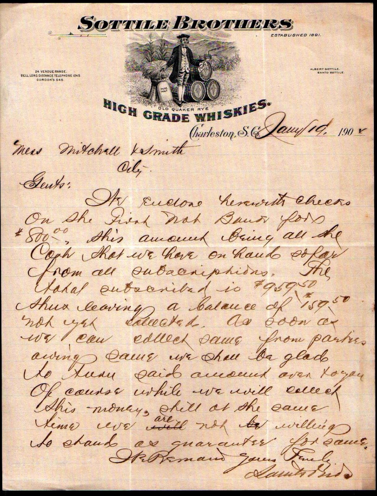 1904 Charleston SC Whiskey - Sottile Brothers Whiskies EX Rare Letter Head Bill 1904 Charleston SC Whiskey - Sottile Brothers Whiskies EX Rare Letter Head Bill