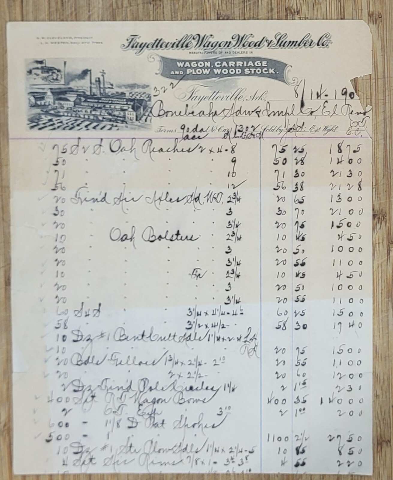 1904 Billhead Arkansas Fayetteville Wagon Wood  Lumber