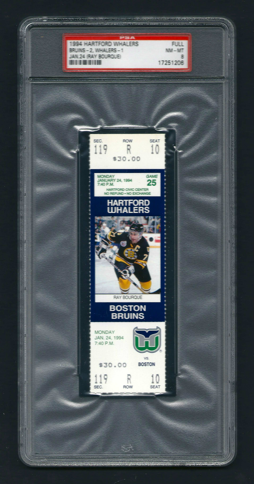 PSA 8 1993 RAY BOURQUE UNUSED TICKET for the Bruins at the Whalers PSA 8 1993 RAY BOURQUE UNUSED TICKET for the Bruins at the Whalers