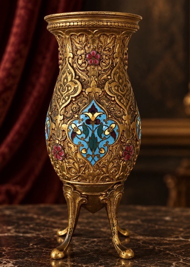 19th C. Barbedienne Bronze & Champlevé Enamel Vase - Édouard Lièvre Design RARE
