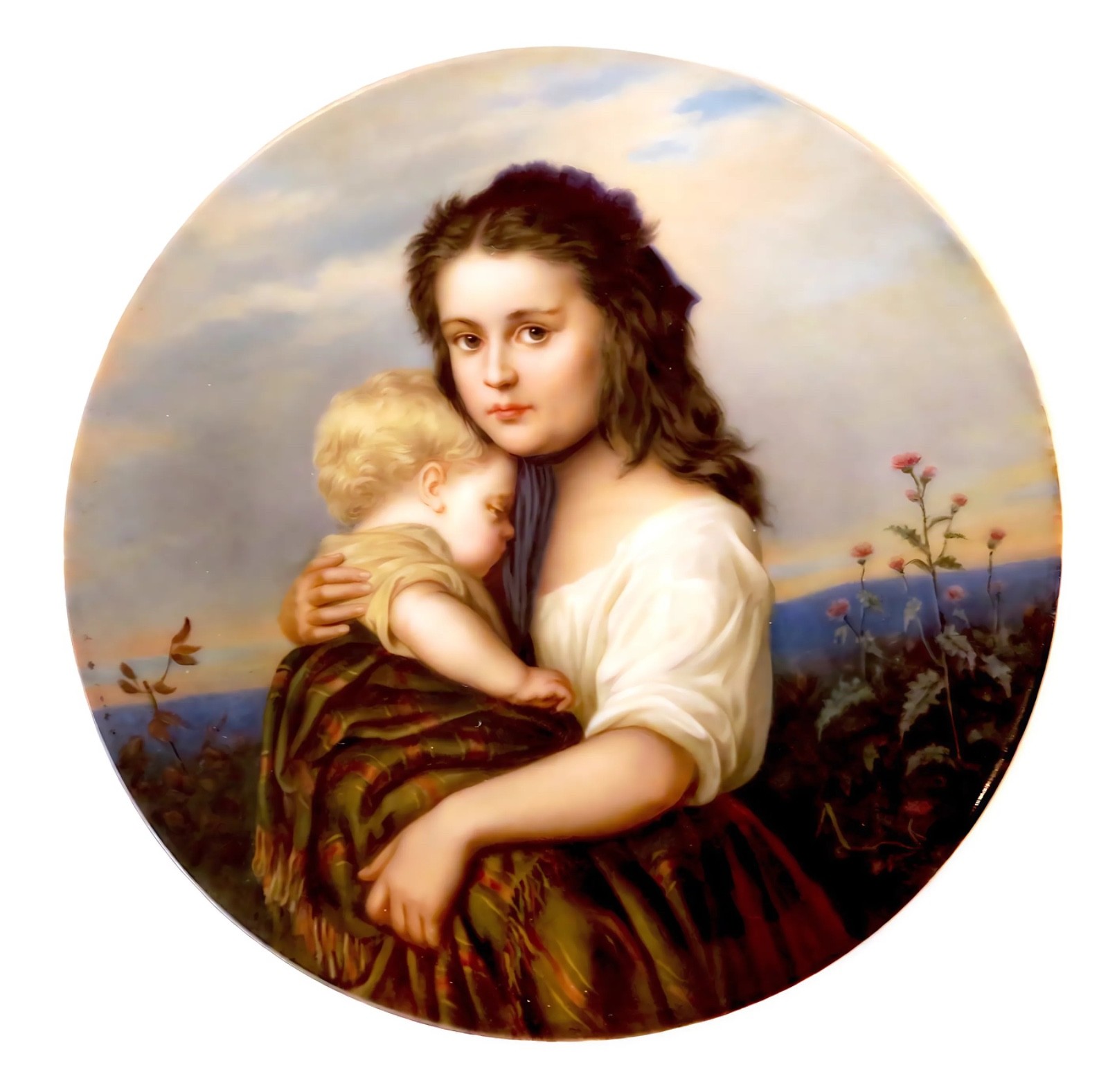 GERMAN Porcelain ANTIQUE - 19th Century Plate/PLAQUE Young GIRL AND Child