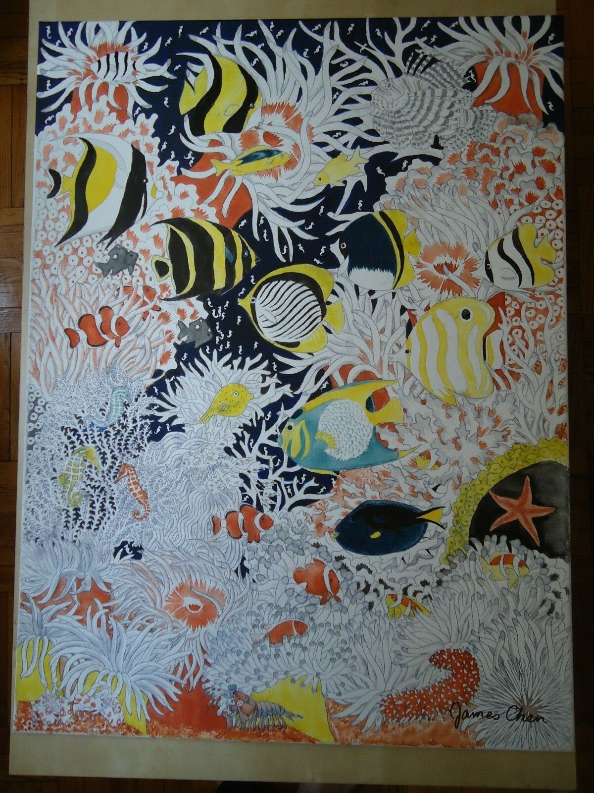 FISH & CORAL REEF HUGE 30'' X 40'' PAINTING ON CANVAS BY COMIC ARTIST JAMES CHEN