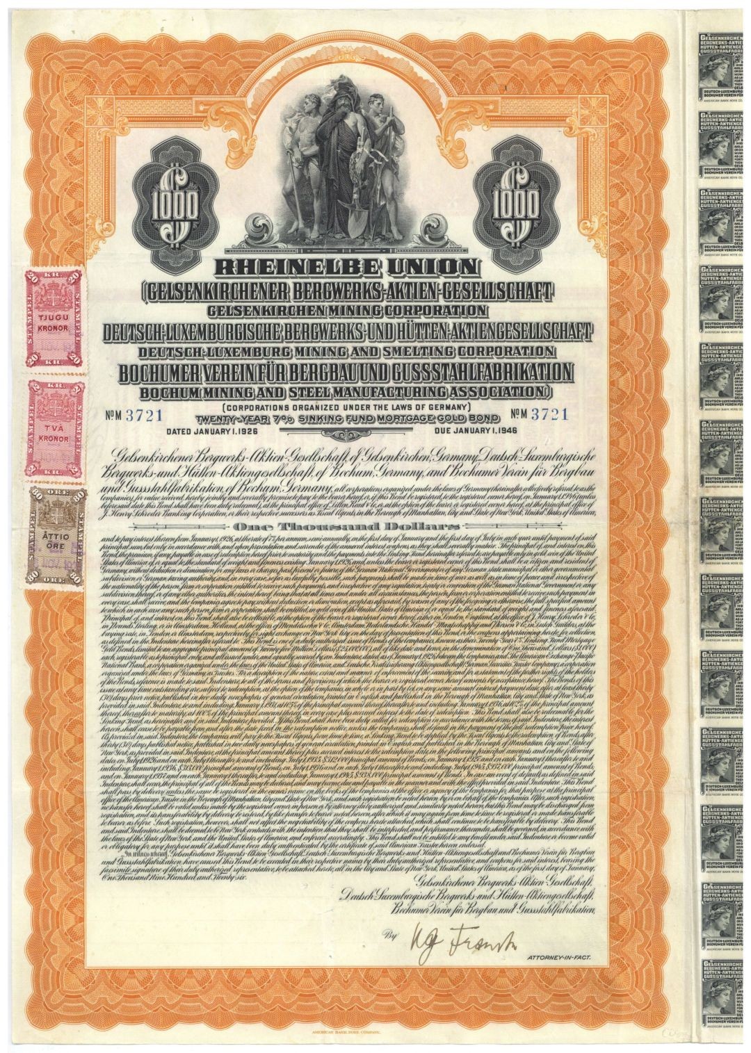 Rheinelbe Union Gelsenkirchen Mining Corporation 7% $1000 German Uncancelled B Rheinelbe Union Gelsenkirchen Mining Corporation 7% $1000 German Uncancelled B