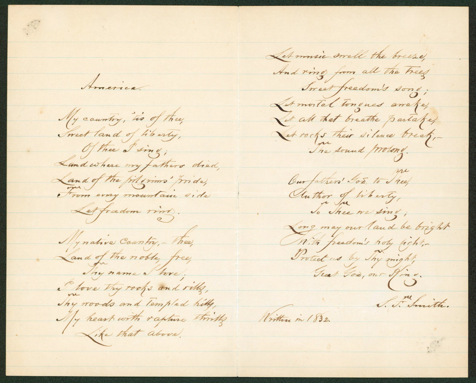 Samuel Francis Smith Signed 8x10 Hand Written Poem Auto Graded 9 BAS #AB14002