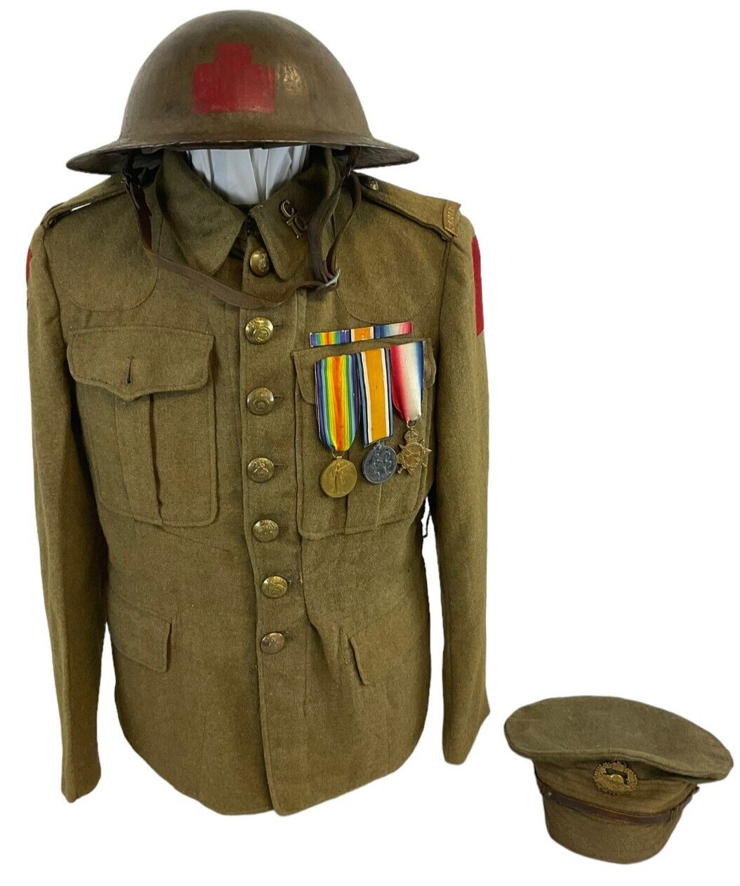 WW1 Canadian CEF 10th Battalion Helmet 7 Button Tunic Trench Cap Medals RARE
