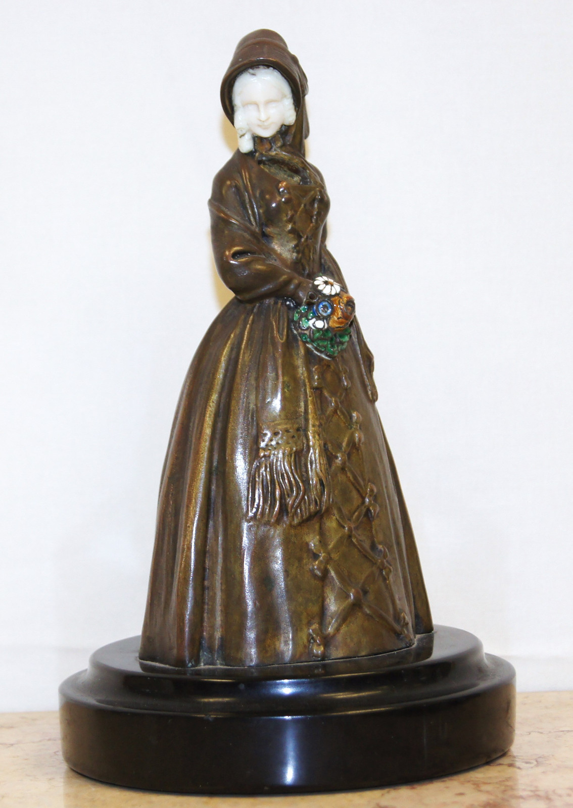Art Deco Bronze Enamel Flowers & Carved Sculpture Young Lady Emil Meier German Art Deco Bronze Enamel Flowers & Carved Sculpture Young Lady Emil Meier German