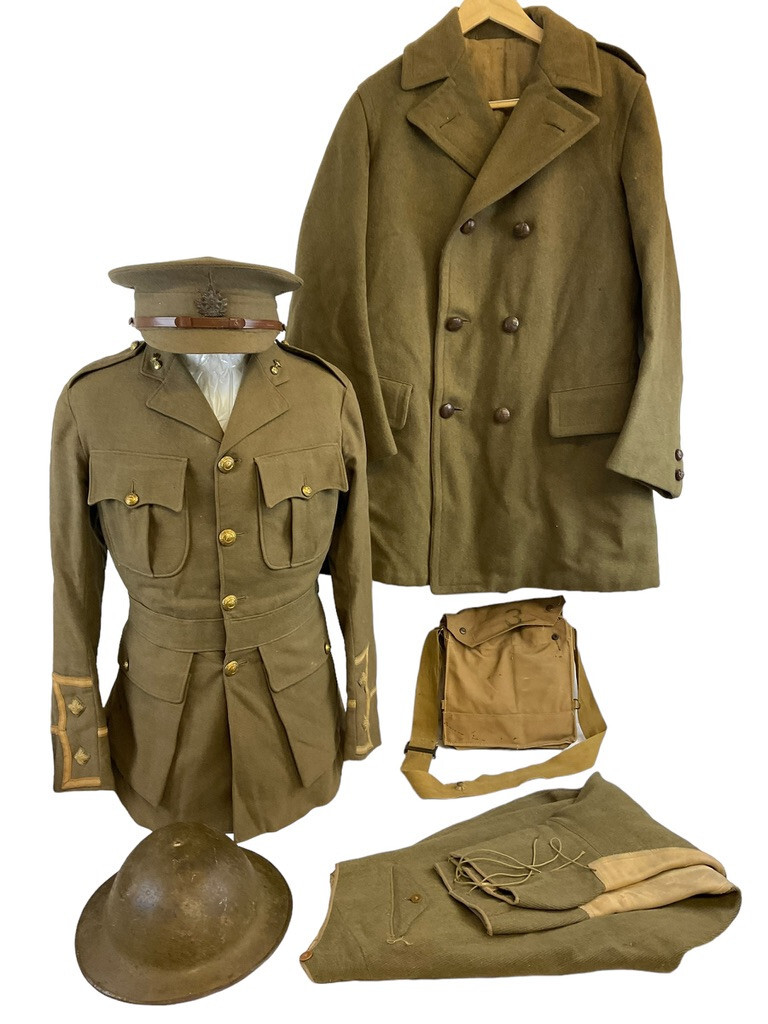 WW1 Canadian CEF 123rd Battalion Officers Uniform Gas Mask Helmet Great Coat ...