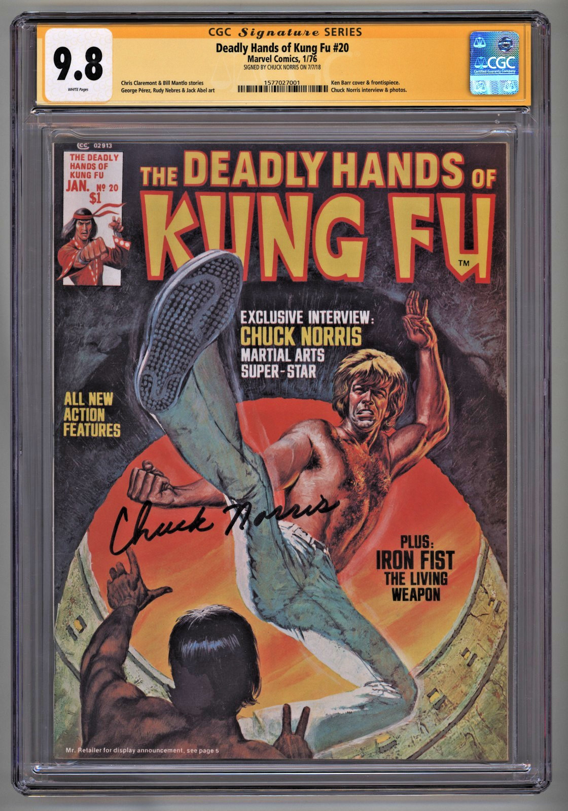 1976 Deadly Hands Kung Fu #20 Return Dragon CHUCK NORRIS RC AUTO CGC 9.8 SS 1/1