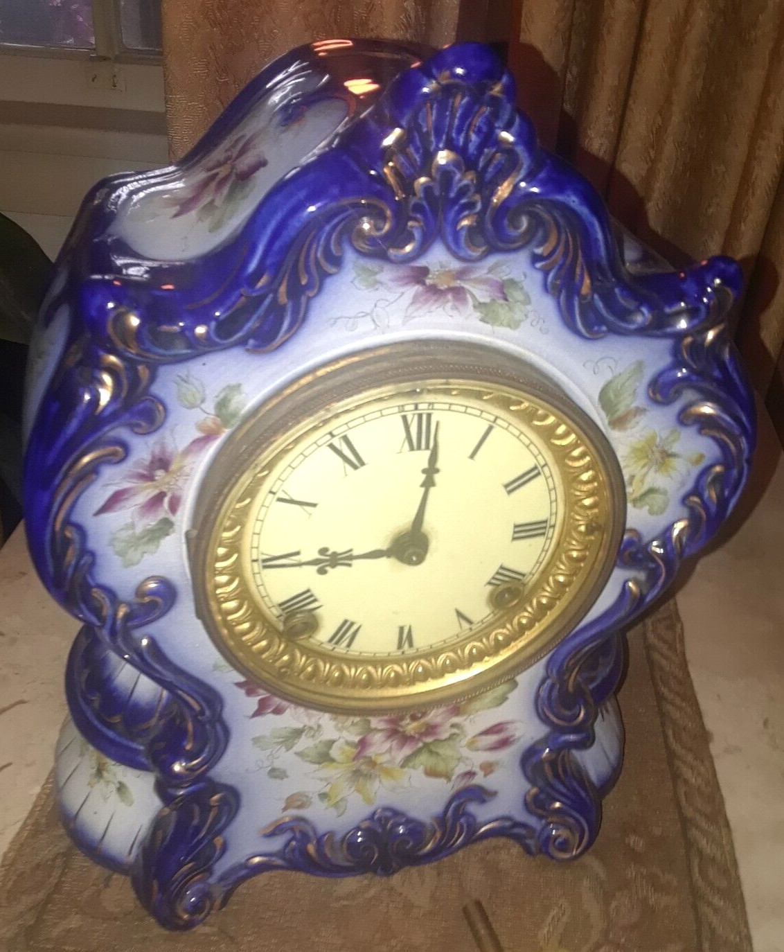 ANTQ Ansonia NY Porcelain Cobalt Mantle Clock◇RARE Winnepeg HP Gilt Case◇Key A+ ANTQ Ansonia NY Porcelain Cobalt Mantle Clock◇RARE Winnepeg HP Gilt Case◇Key A+