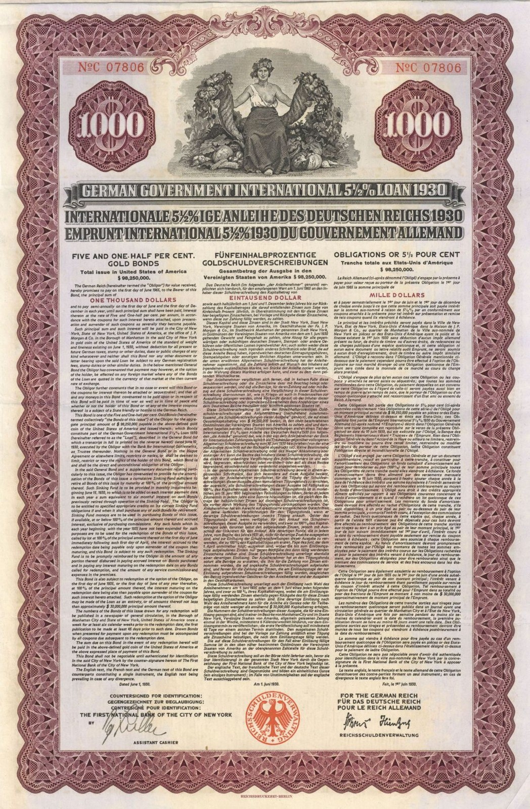 German Young Gold Loan 1930 Uncancelled $1,000 Denominated Bond with Pass-co A German Young Gold Loan 1930 Uncancelled $1,000 Denominated Bond with Pass-co A