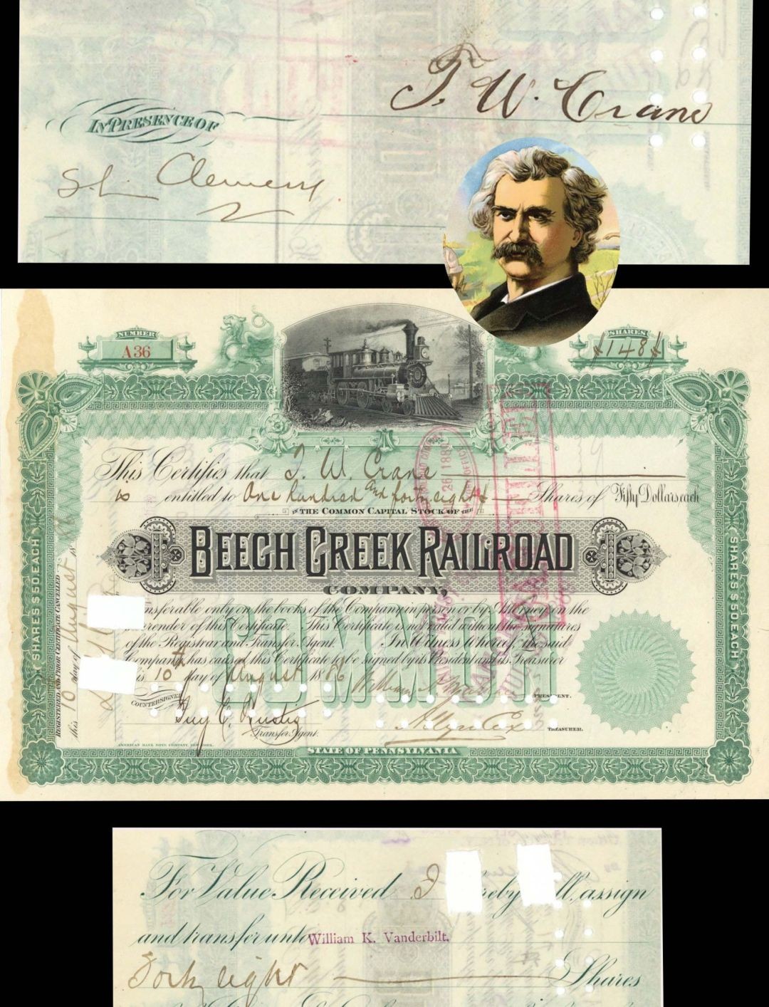 Beech Creek Railroad Co. signed by Samuel Clemens - Mark Twain - 1886-1889 dat