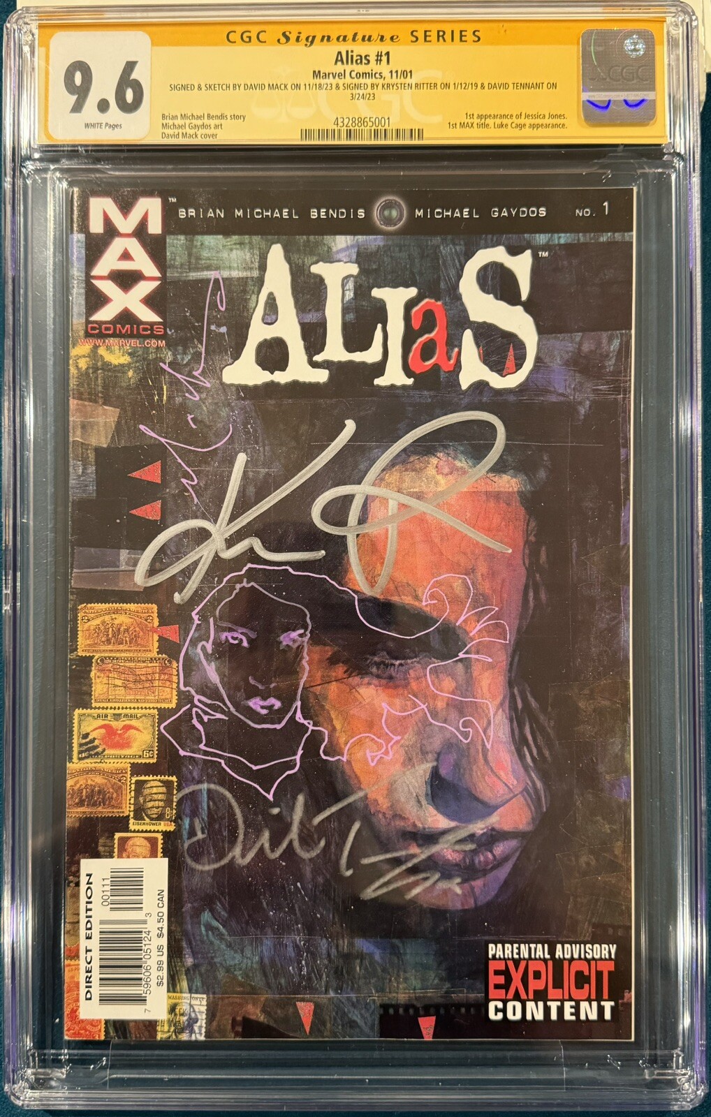 KRYSTEN RITTER DAVID TENNANT SIGNED CGC 9.6 ALIAS 1 COMIC BOOK DAVID MACK SKETCH KRYSTEN RITTER DAVID TENNANT SIGNED CGC 9.6 ALIAS 1 COMIC BOOK DAVID MACK SKETCH