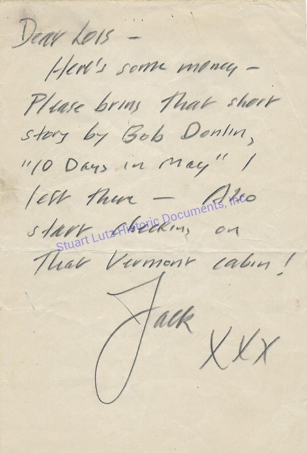 Jack Kerouac signed letter to girlfriend Lois re: Bob Donlin & a Vermont cabin