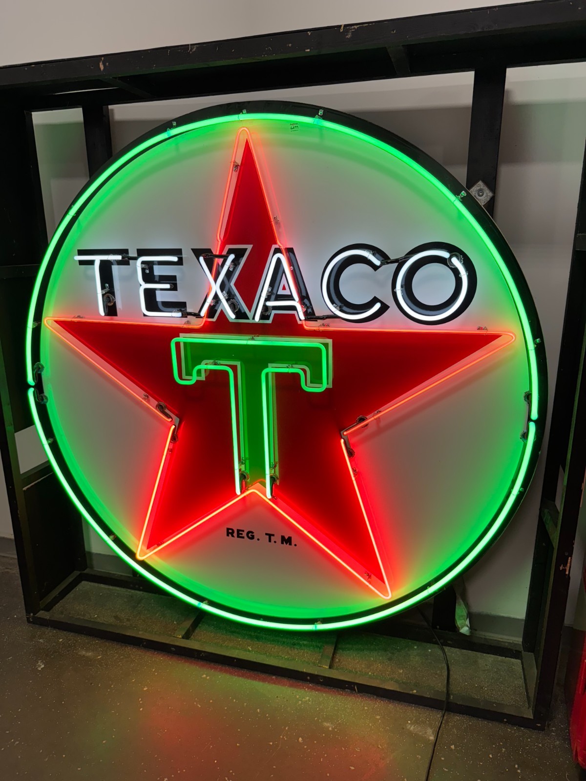 Texaco white, red and green Neon : 6' aluminum in storage frame.