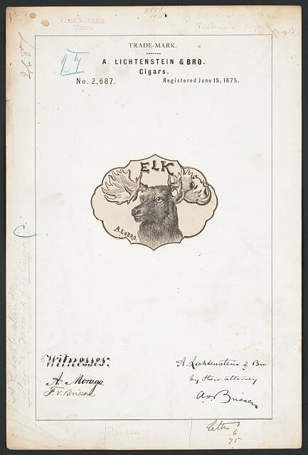 Photo:A Lichtenstein Bro Elk Cigars Trade Mark 1875 Elk Brand Label Photo:A Lichtenstein Bro Elk Cigars Trade Mark 1875 Elk Brand Label